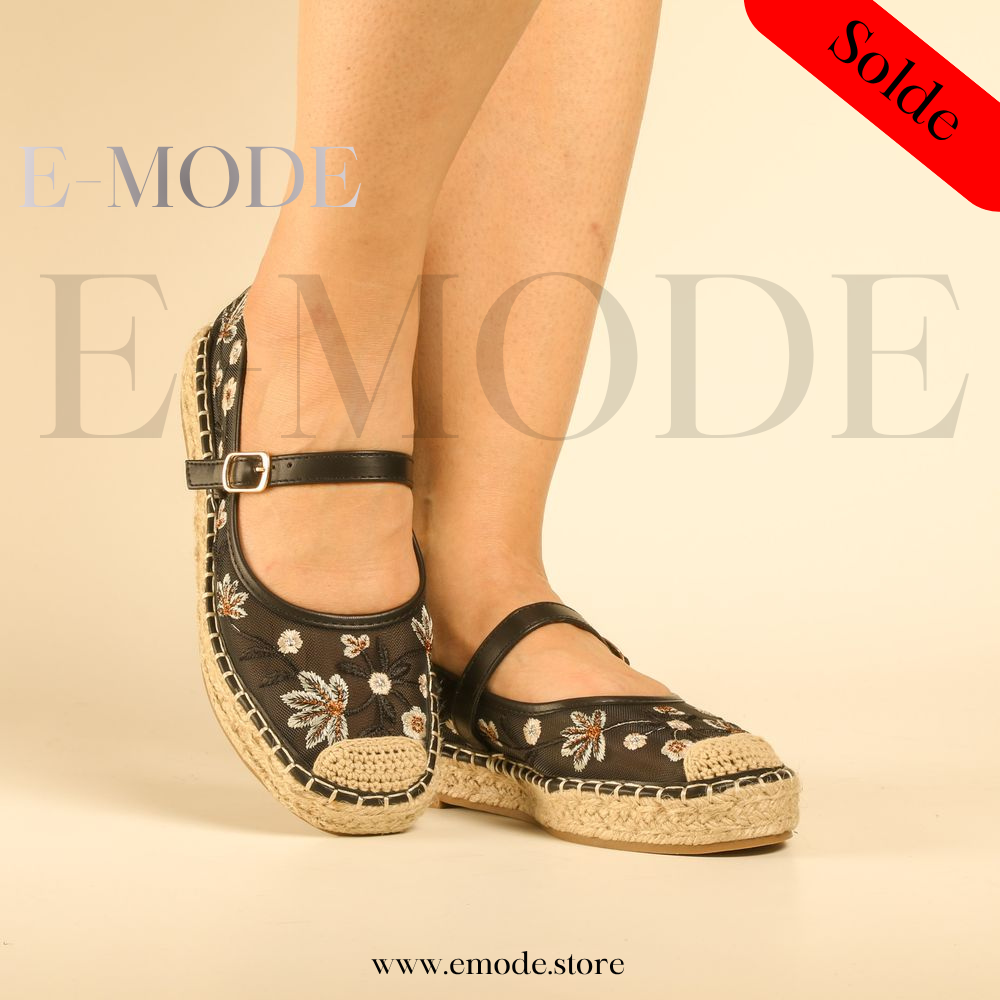 Espadrille Fleuris semelles Raphia - Noir - REF-0963