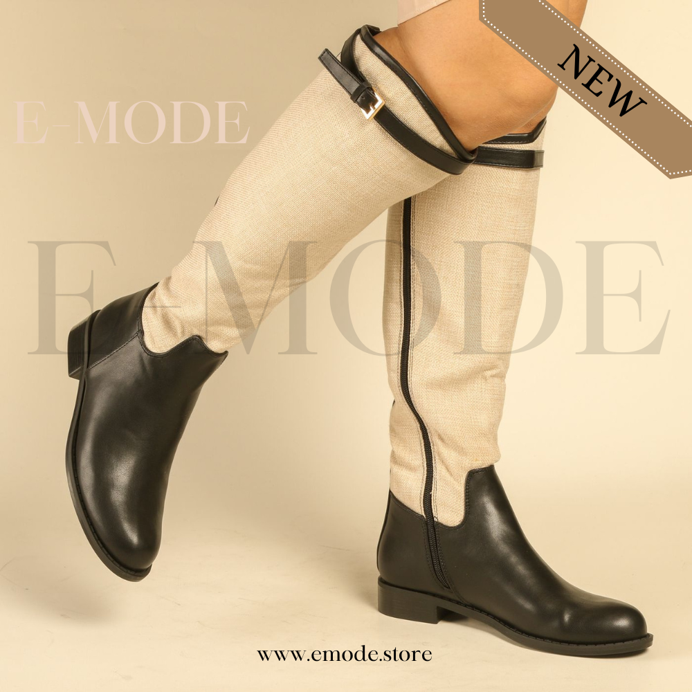 Bottes cavalières plates -Noir et Beige -REF-0908