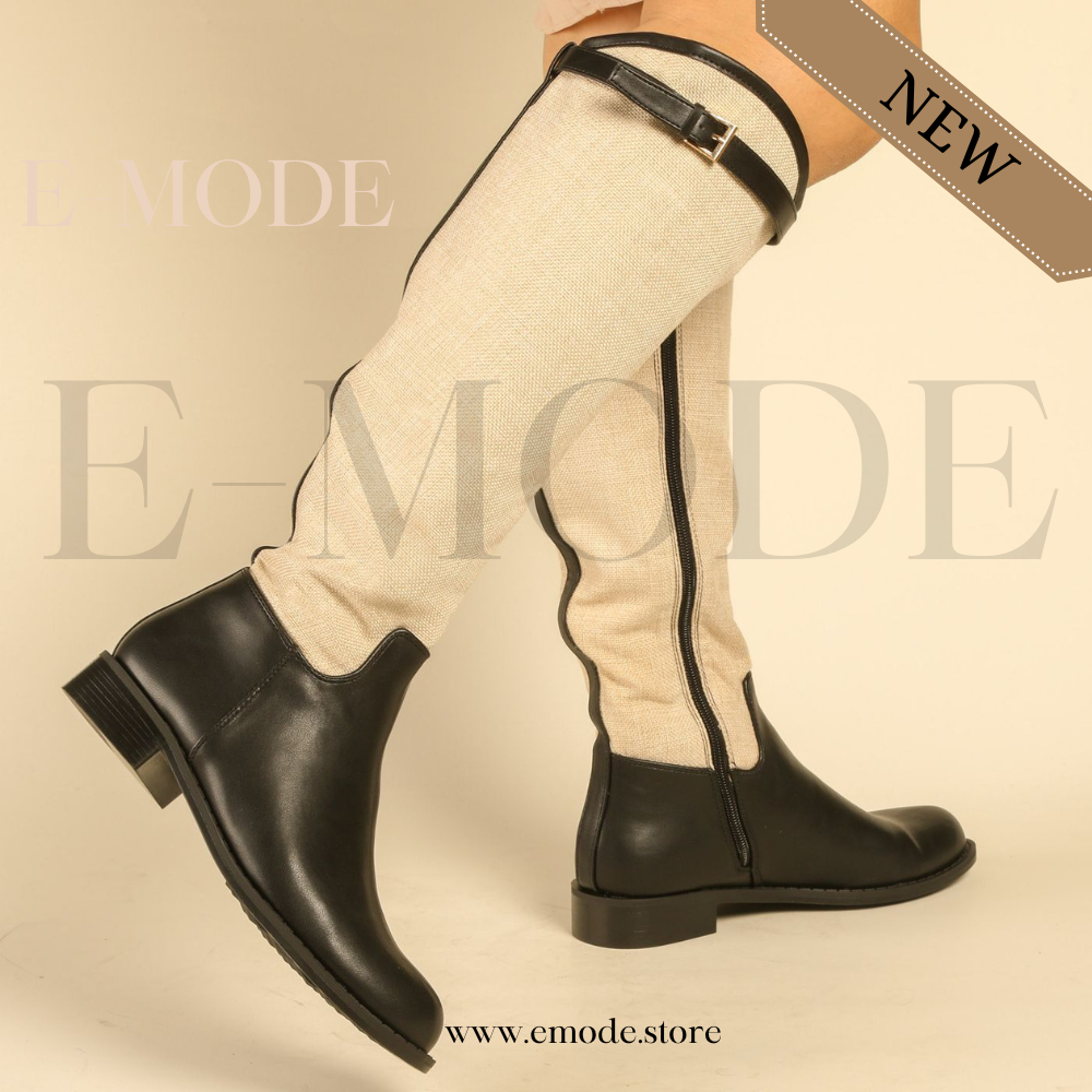 Bottes cavalières plates -Noir et Beige -REF-0908