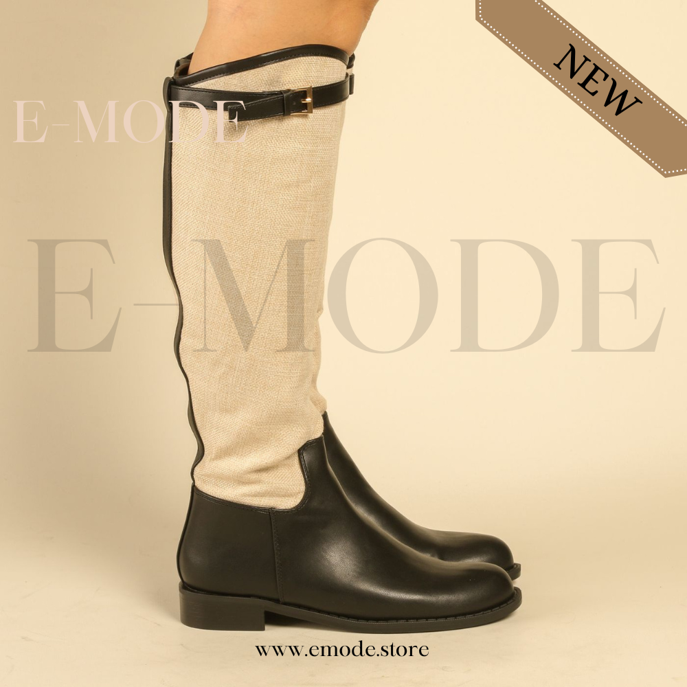 Bottes cavalières plates -Noir et Beige -REF-0908