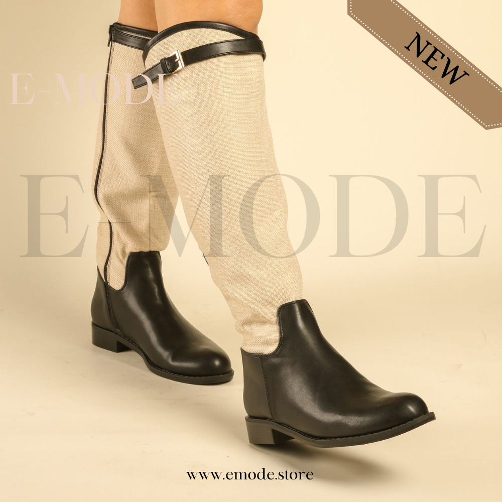 Bottes cavalières plates -Noir et Beige -REF-0908