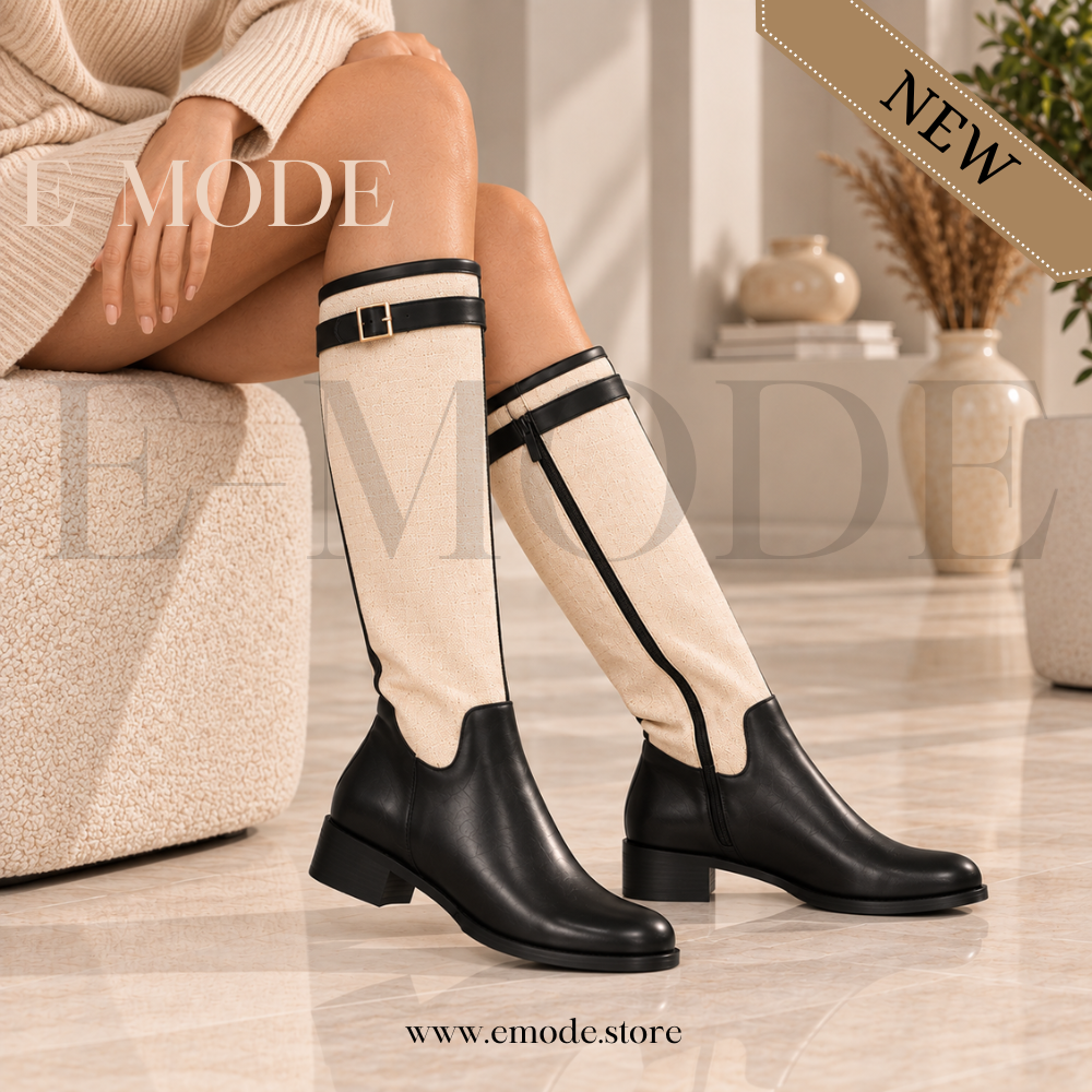 Bottes cavalières plates -Noir et Beige -REF-0908