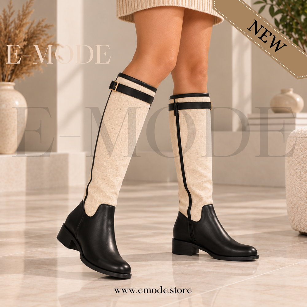 Bottes cavalières plates -Noir et Beige -REF-0908