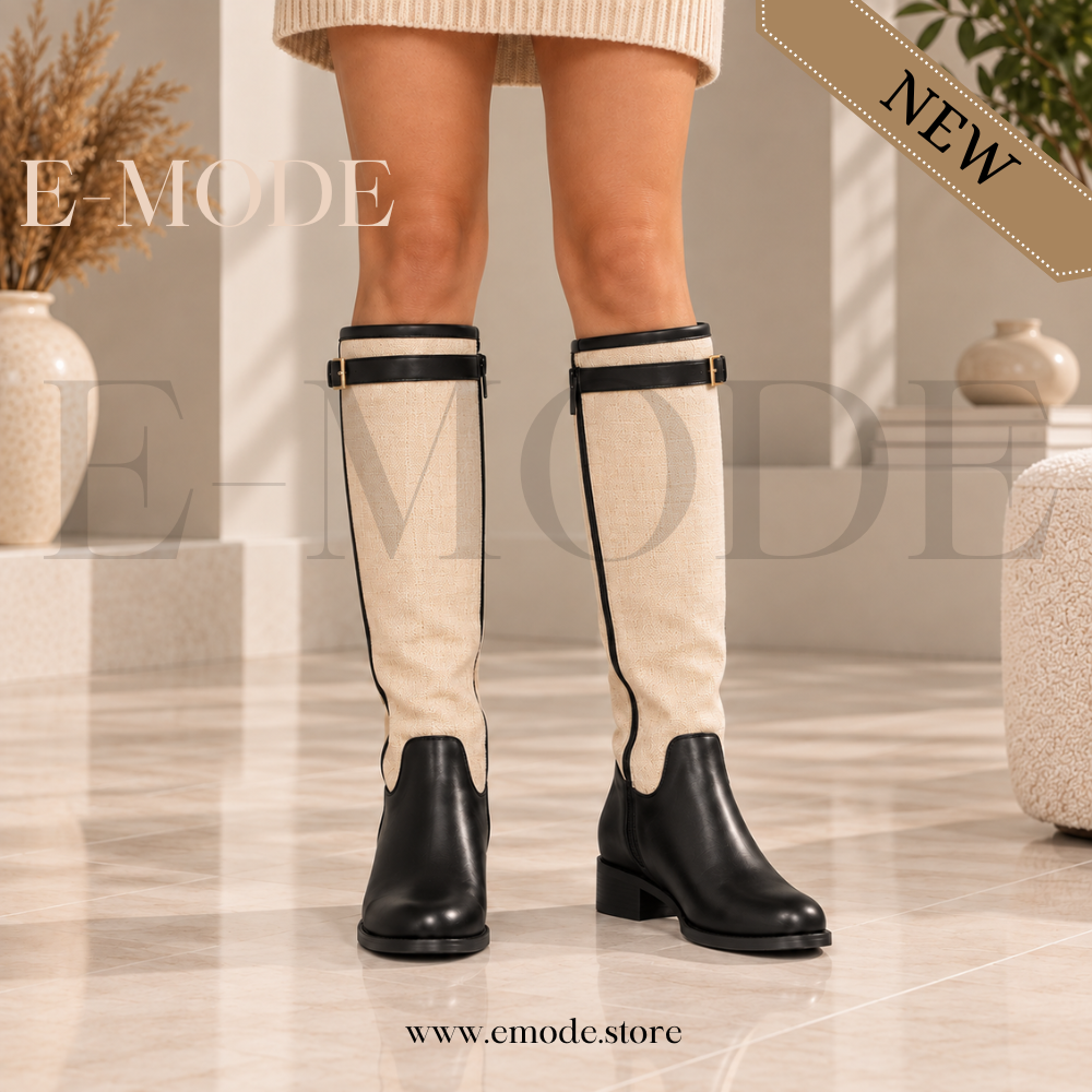 Bottes cavalières plates -Noir et Beige -REF-0908