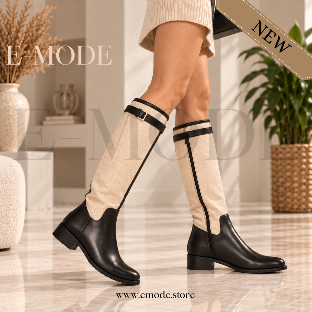 Bottes cavalières plates -Noir et Beige -REF-0908