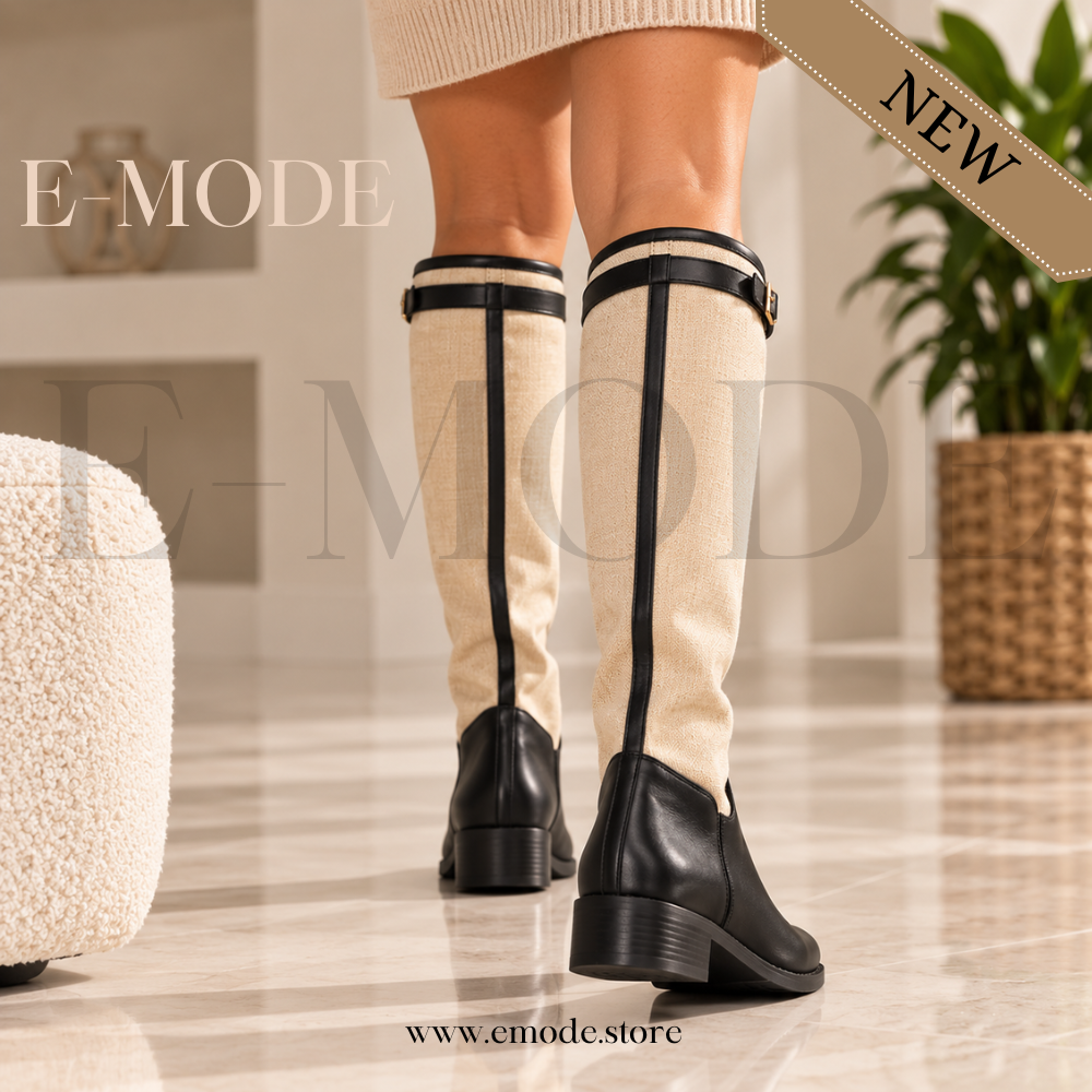 Bottes cavalières plates -Noir et Beige -REF-0908