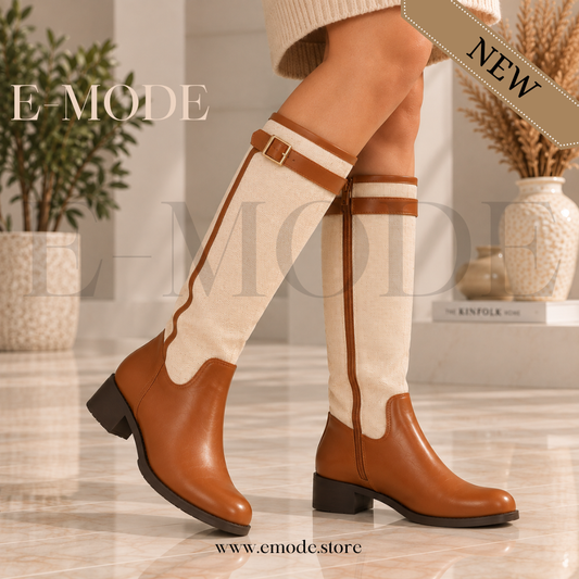 Bottes Cavalières plates -Marron et Beige- REF-0909