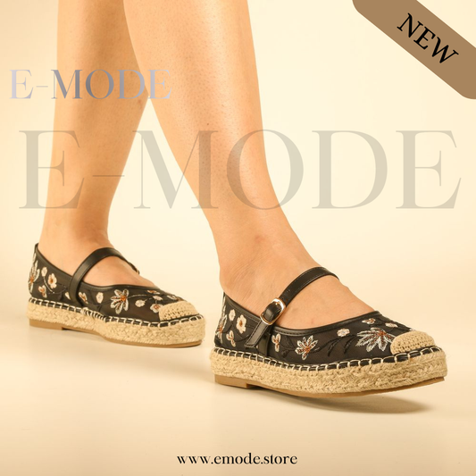 Espadrille Fleuris semelles Raphia - Noir - REF-0963