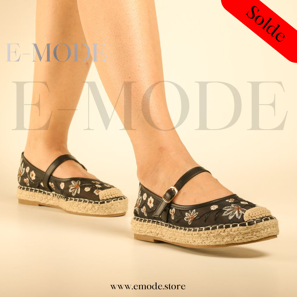 Espadrille Fleuris semelles Raphia - Noir - REF-0963
