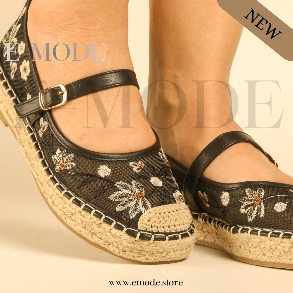 Espadrille Fleuris semelles Raphia - Noir - REF-0963