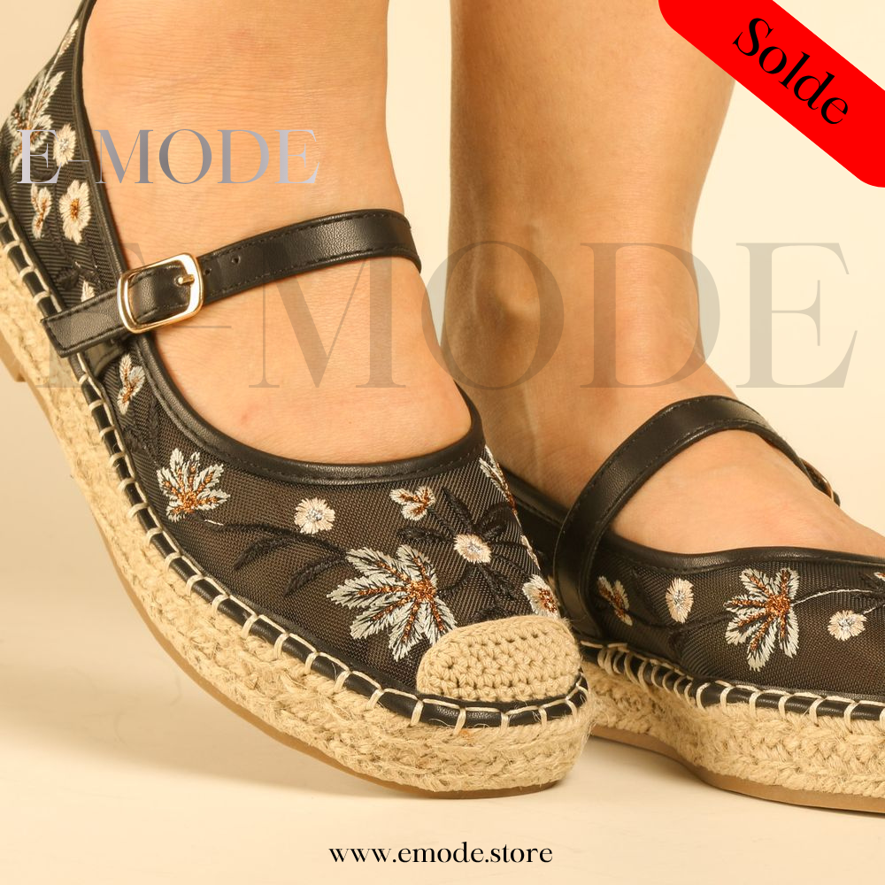 Espadrille Fleuris semelles Raphia - Noir - REF-0963