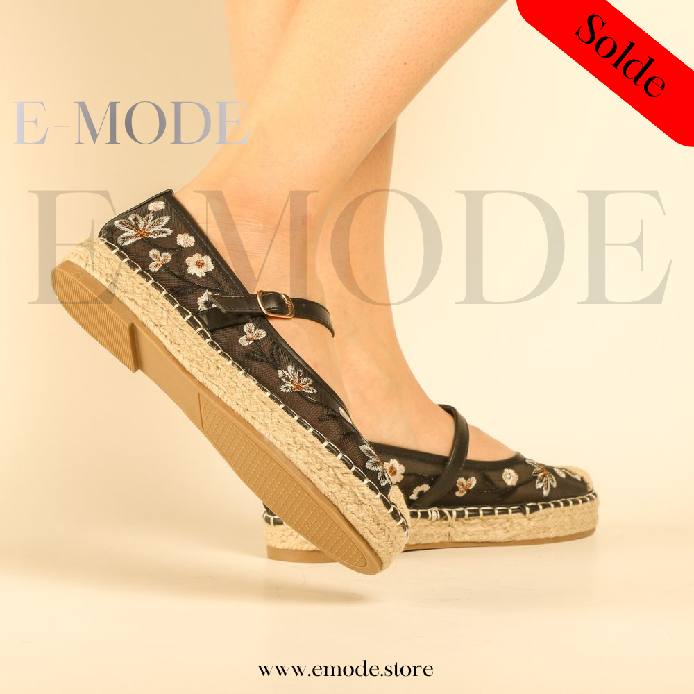 Espadrille Fleuris semelles Raphia - Noir - REF-0963