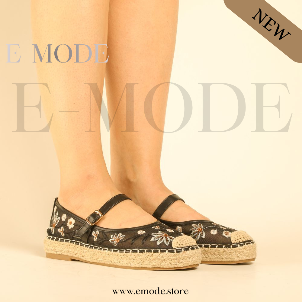 Espadrille Fleuris semelles Raphia - Noir - REF-0963
