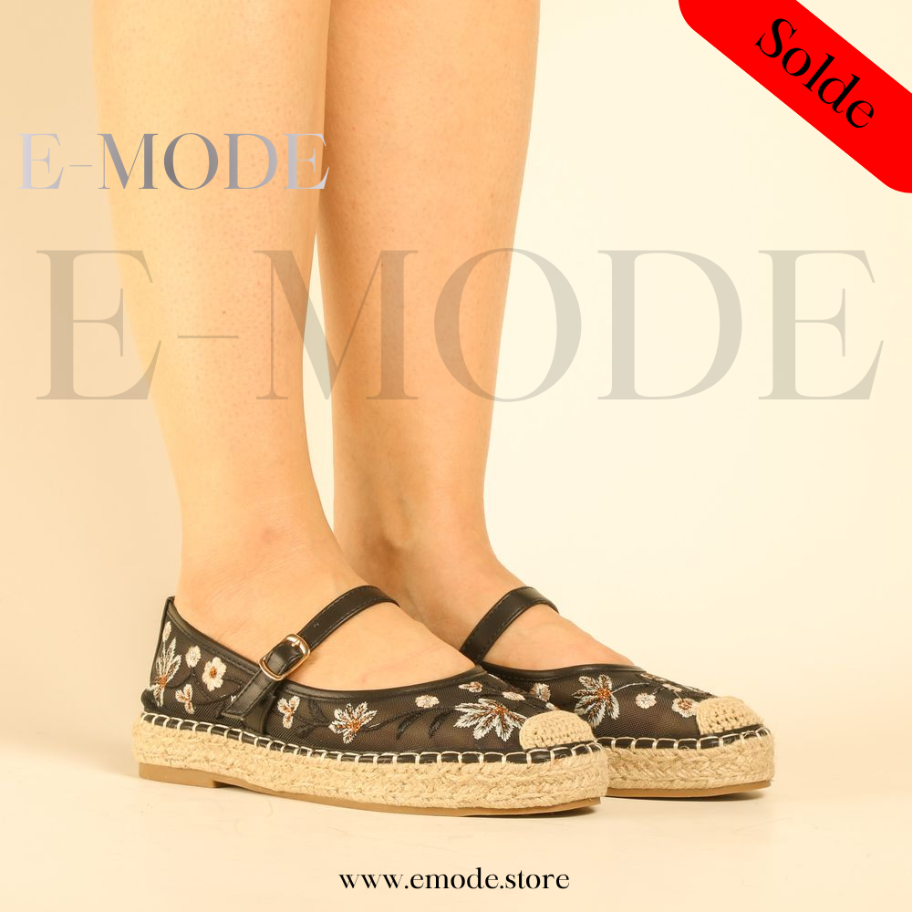 Espadrille Fleuris semelles Raphia - Noir - REF-0963